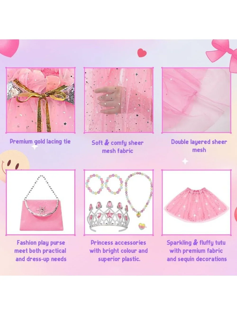 Princess Dress Up Cape with Crown & Tutu Costume Set for Girls Ages 3-8-R Pink